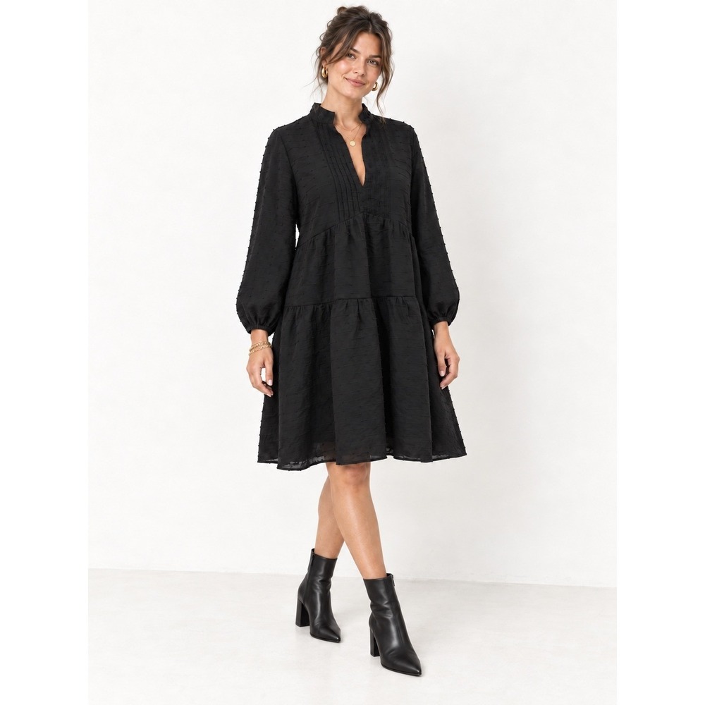 Pomander Place Tiered Mini Dress Large Black Long Sleeve Pintuck Textured
